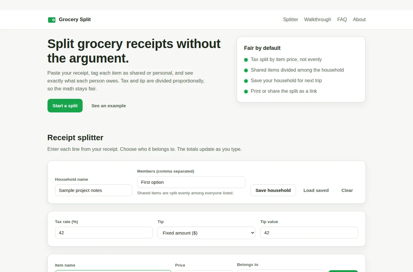 Screenshot of Shared Grocery Tax Splitter interface showing the project page in use